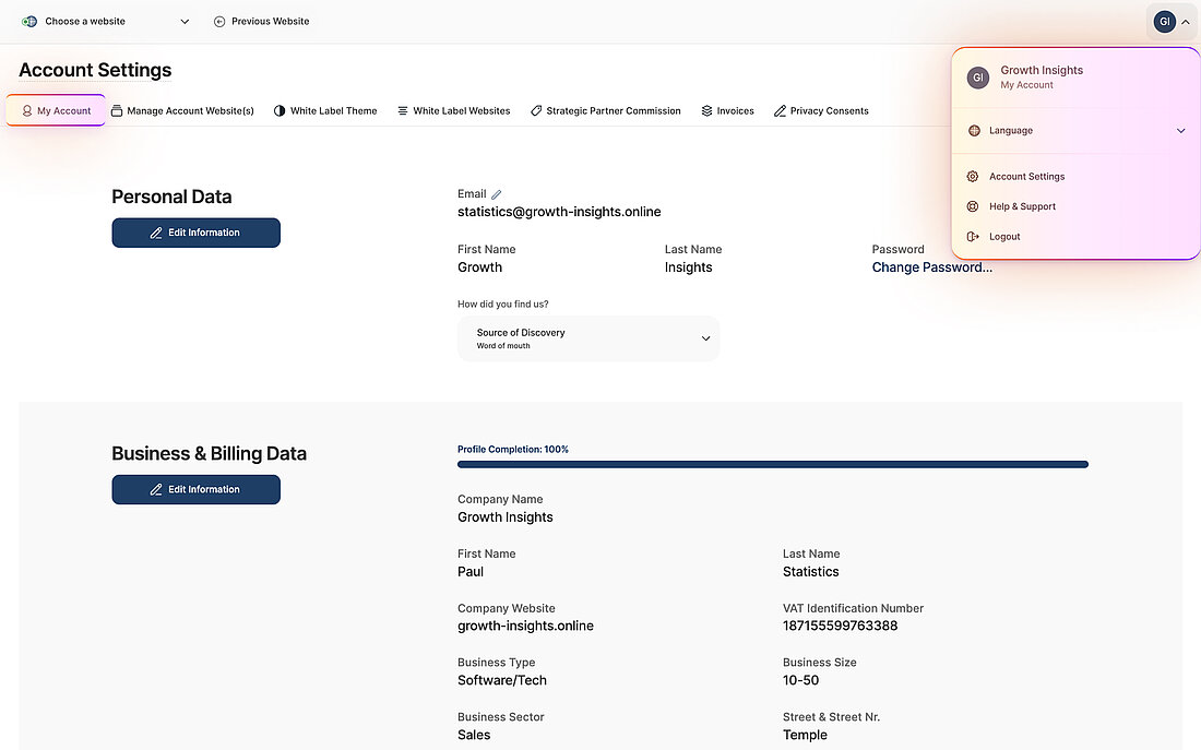 Account Settings with My Account Details Platform settings screenshot showing navigation to Account Settings and the My Account section where personal and billing details are reviewed
