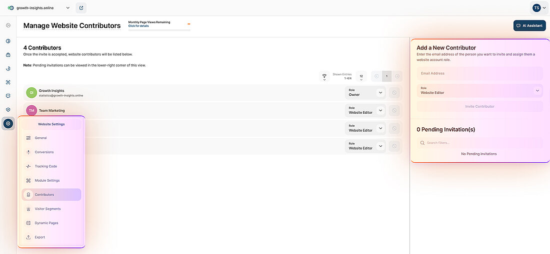 Contributors Management and Role Assignment Platform screenshot showing navigation to the Contributors section and the panel for adding a new collaborator and assigning access roles
