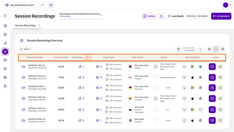 Table View of Session Recordings Overview Table View of Session Recordings Overview