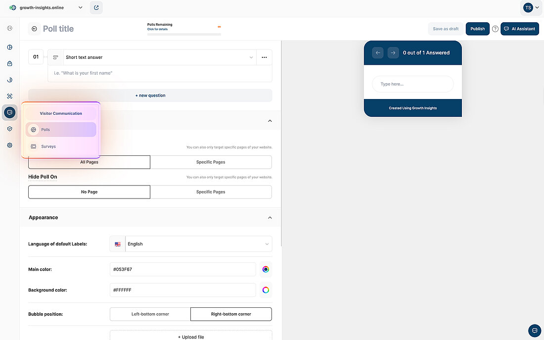 Website Poll Editor Poll editor showing navigation path, page targeting options, and on-page preview
