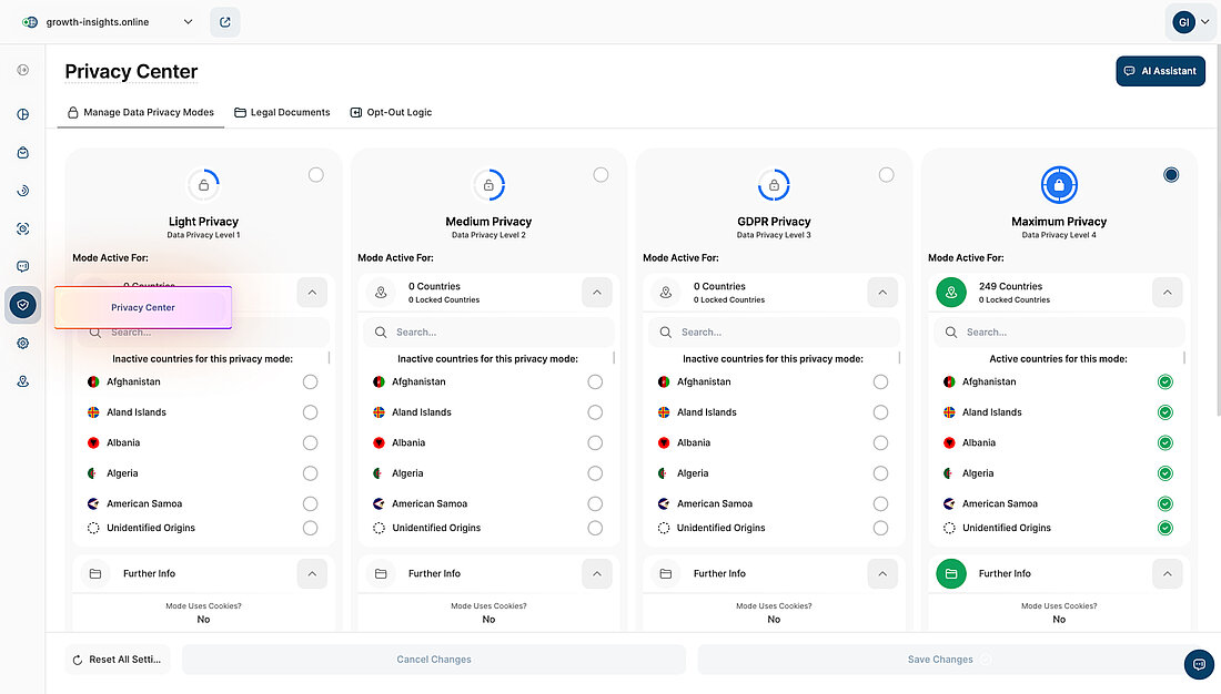 Privacy Center with Data Privacy Mode Configuration Platform settings screenshot showing the Privacy Center navigation and available data privacy modes with country-based activation controls