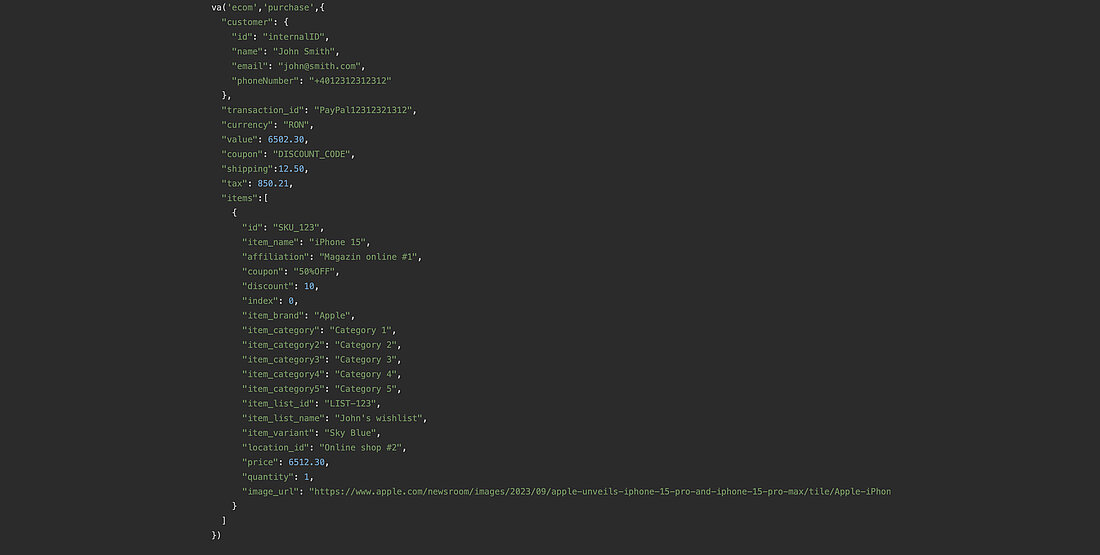 JavaScript-Kauf-Ereignis-Payload mit Anzeige von Transaktion, Währung, Bestellwert und Artikeldetails
