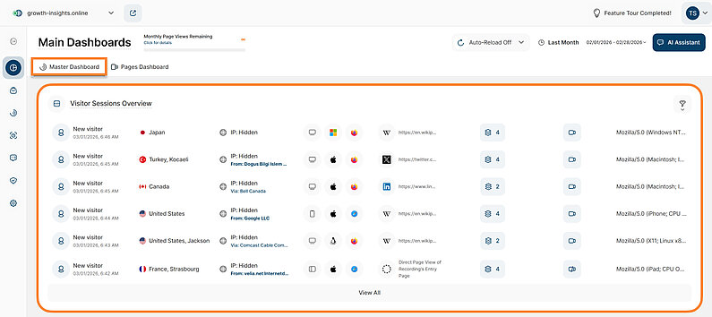 Latest Visitors Overview in the Master Dashboard