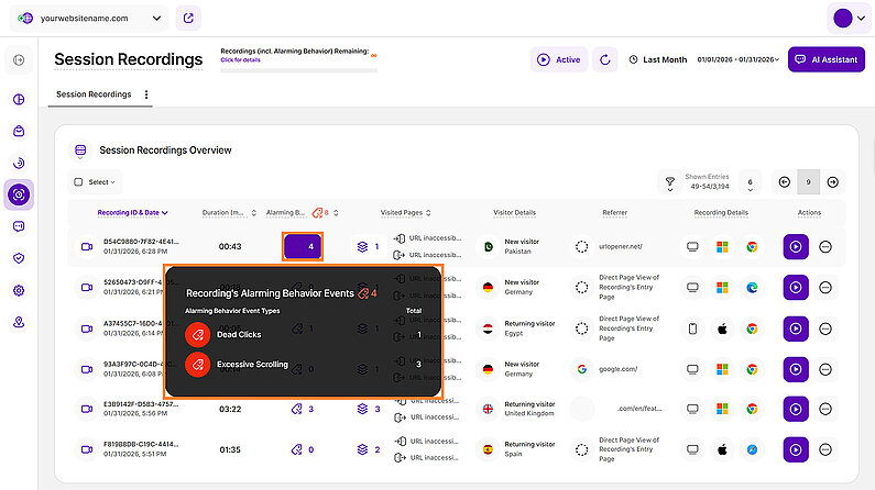Tooltip showing ABEs on Session Recordings Overview