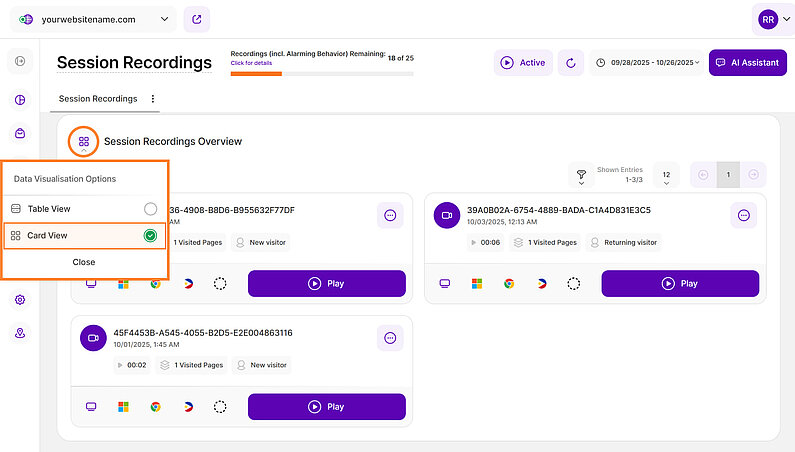 Card view of the Session Recordings Card view of the Session Recordings